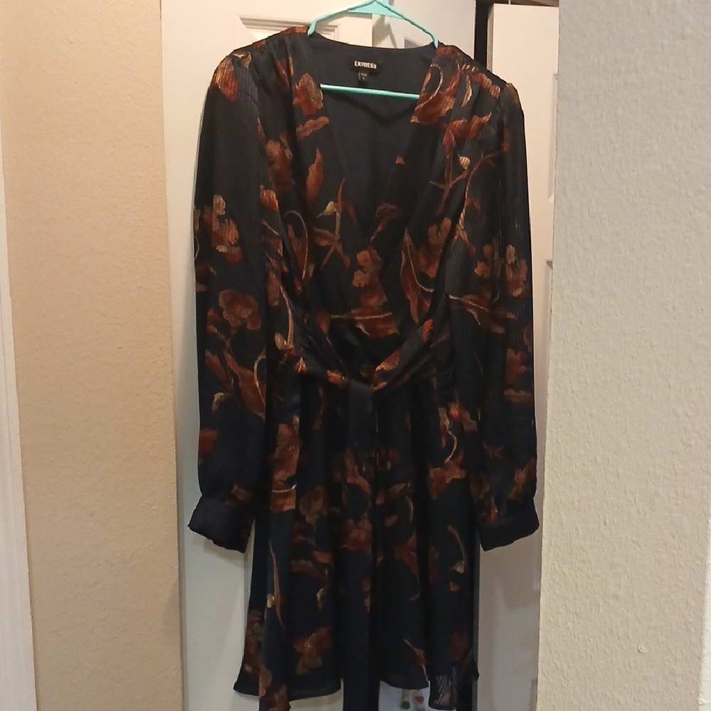 Lush Navy Blue and Brown Floral Long Sleeve Dress